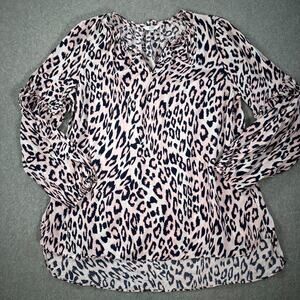 Crown & Ivy Animal Print High Low Blouse Womens X-Large Pink Blue Ruffle Collar